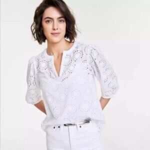 NWOT On 34th 100% Cotton White Eyelet Women's Top Size S
